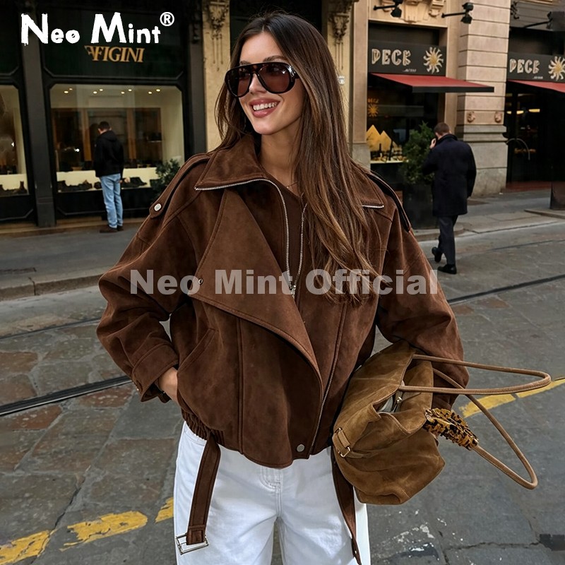 Streetwear Brand Designs - Jaqueta Feminina Oversized de Camurça Marrom